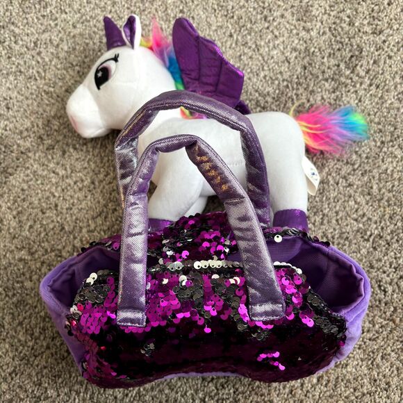 Little Jupiter Rainbow Winged Unicorn w/ Purple Reverse Sequined Carry Bag 9.5" - Picture 5 of 8